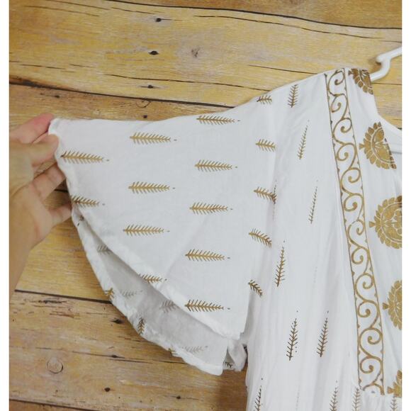 Lapogee Dress XL White Copper Paisley Short Sleeve Tassle V-Neck Boho - Picture 2 of 6